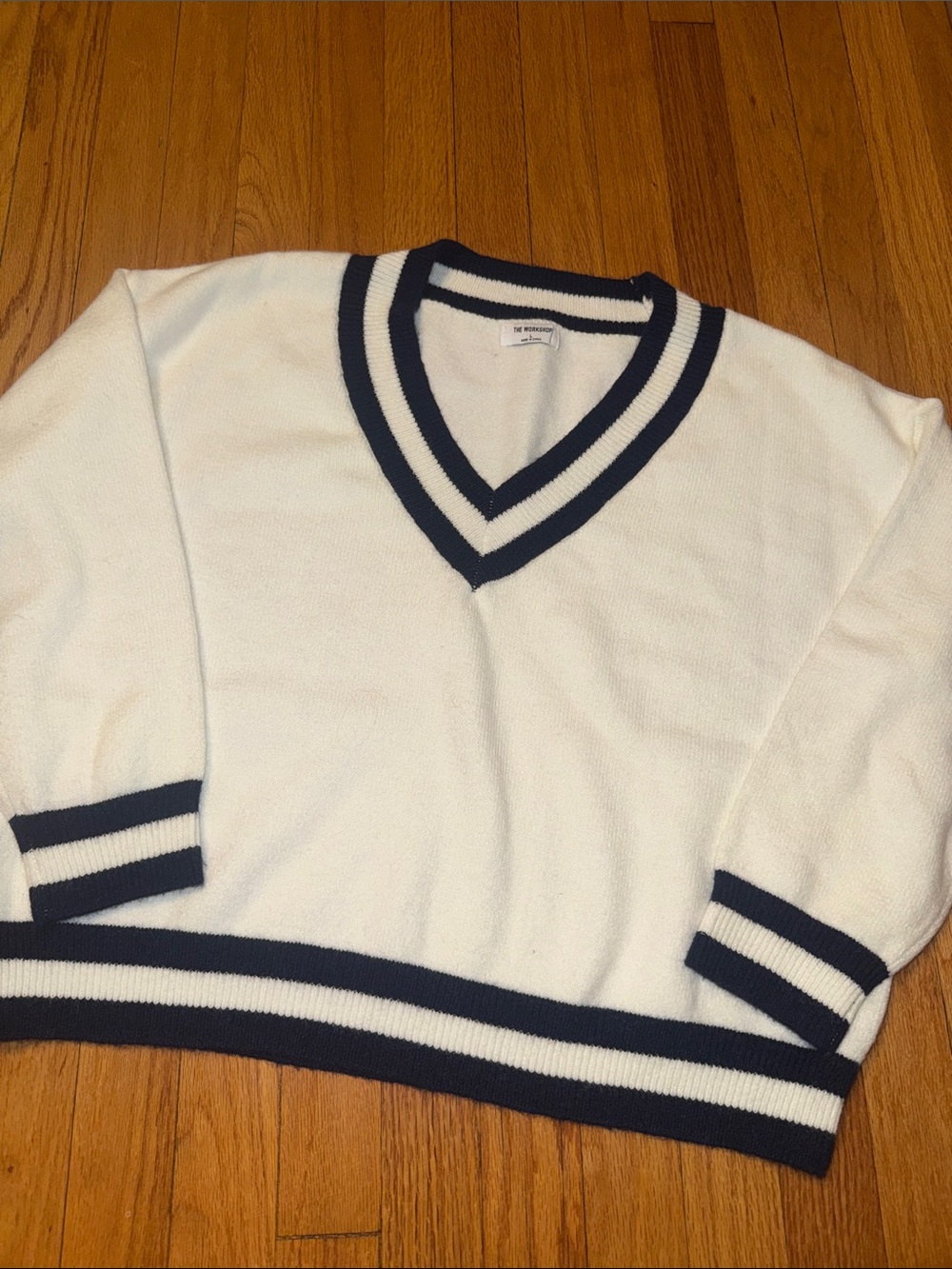 The Workshop Women's V-Neck Striped Trim Sweater - White/Navy
